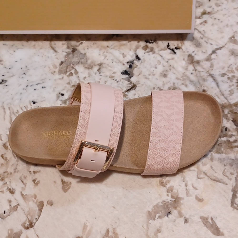Michael Kors Blush Pink Mylah MK Signature Print Slide Sandals NEW SZ 6.5 - Picture 6 of 14
